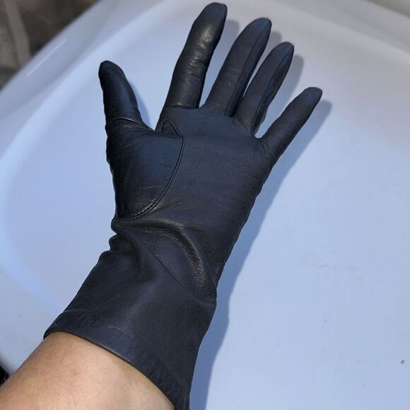 Vintage Aris black nylon lined leather gloves - size 7 - Picture 4 of 5